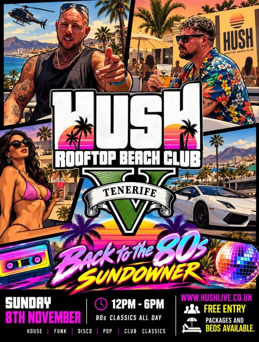 Back to the 80s Sundowner en HUSH Rooftop Beach Club, Fañabé: cartel del evento en Tenerife