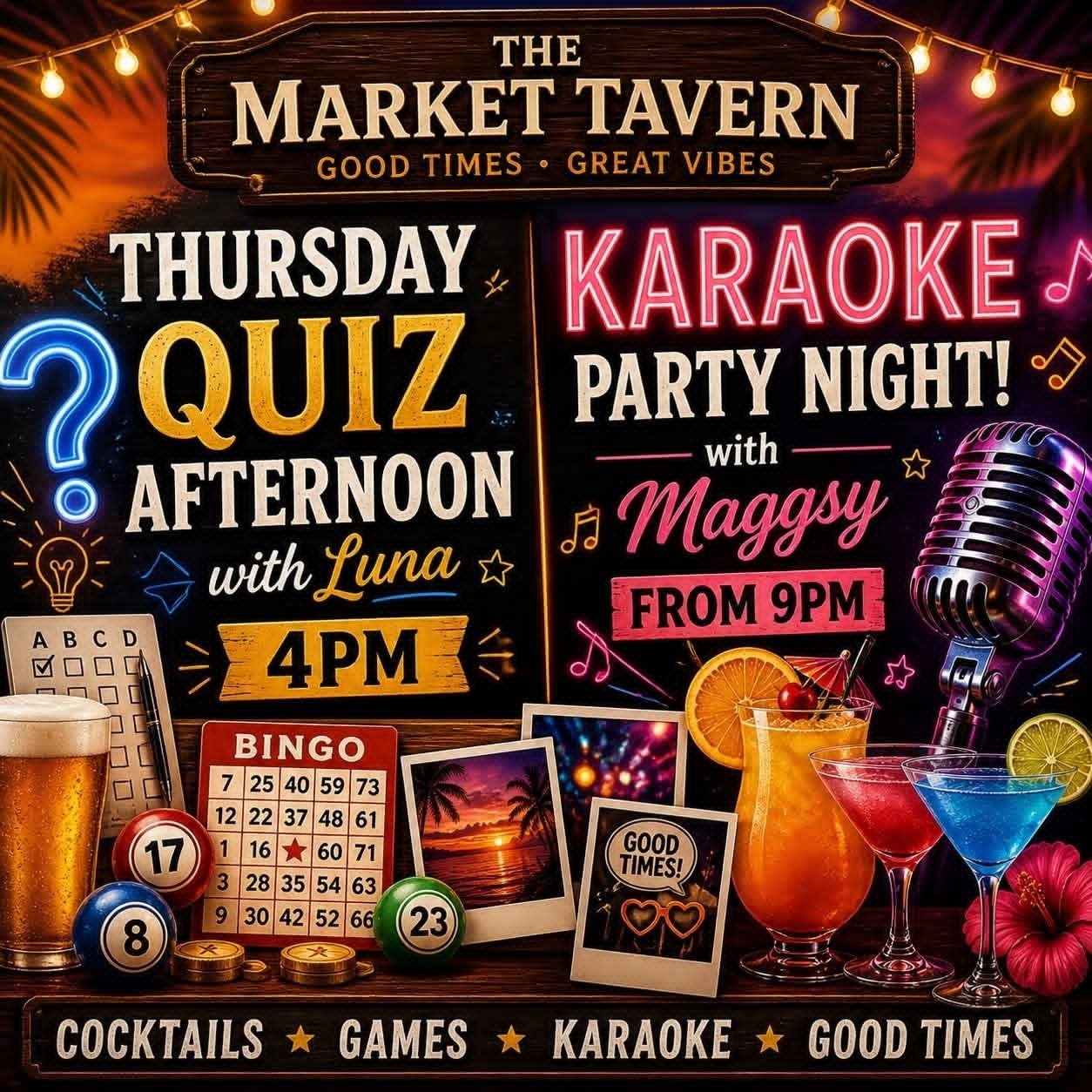 Thursday Quiz afternoon and Karaoke Party Night im The Market Tavern, Los Cristianos – Veranstaltungsplakat Teneriffa