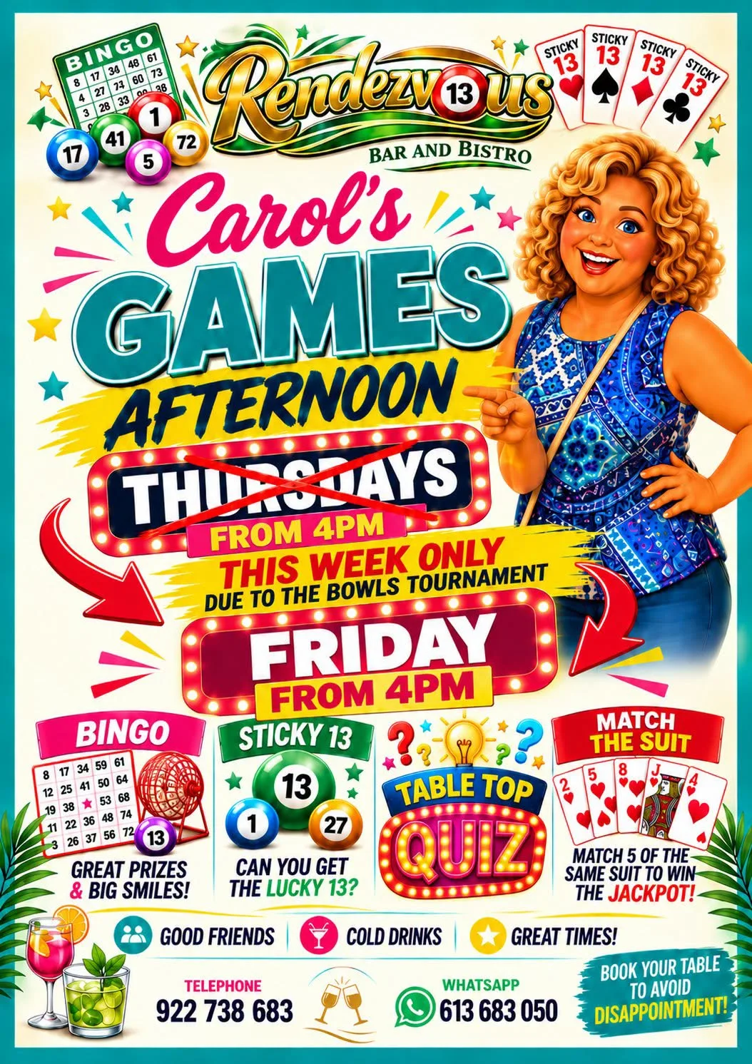 Carol's Games Afternoon en Rendezvous Bar & Bistro, Golf del Sur: cartel del evento en Tenerife