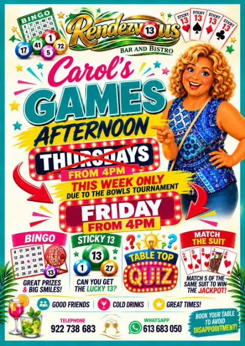 Carol's Games Afternoon at Rendezvous Bar & Bistro, Golf del Sur — Tenerife event poster