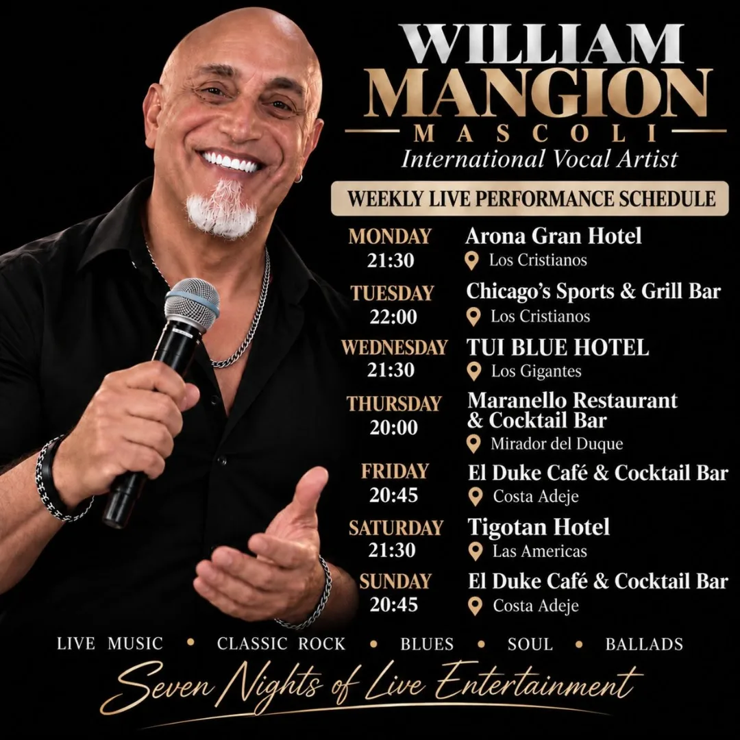 William Mangion Mascoli en El Duke Café & Cocktail Bar, Fañabé: cartel del evento en Tenerife