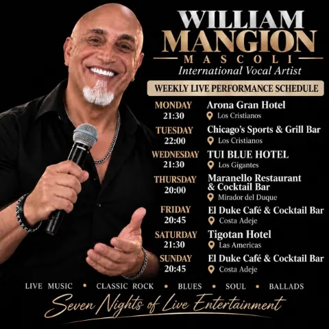 William Mangion Mascoli en El Duke Café & Cocktail Bar, Fañabé: cartel del evento en Tenerife