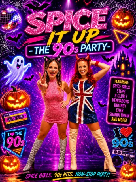 Dancing Queens – Spice It Up 90s Halloween Party im Times Square Sunset Bay, Torviscas – Veranstaltungsplakat Teneriffa