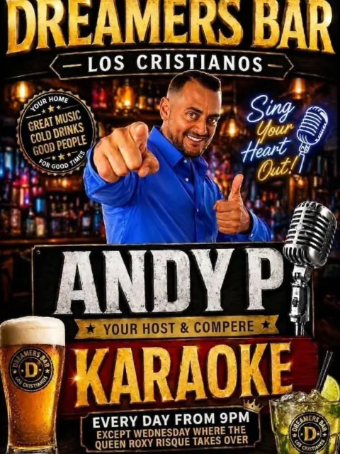 Karaoke with Andy P Chapman im Dreamers Bar, Los Cristianos – Veranstaltungsplakat Teneriffa