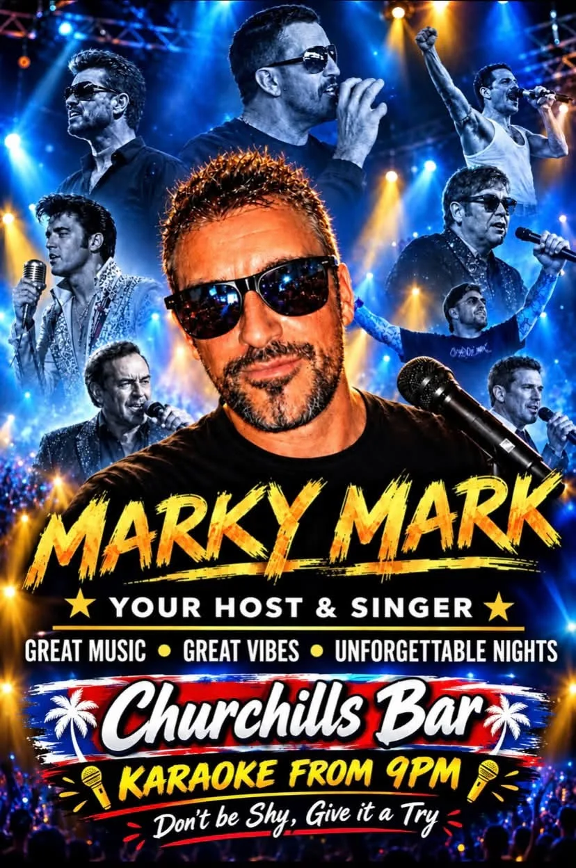 Karaoke with Marky Mark at Churchill's Bar, Los Cristianos — Tenerife event poster