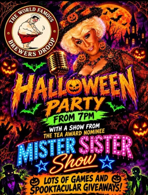 Mister Sister Halloween Drag Show al Brewers Droop Bar Tenerife, Los Cristianos — locandina evento a Tenerife