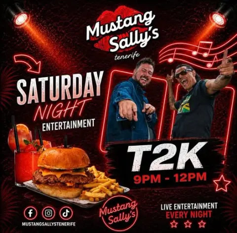 T2K en Mustang Sally's Tenerife, Fañabé: cartel del evento en Tenerife