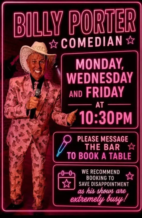 Billy Porter en Princess Di's Bar & Diner, Playa de las Américas: cartel del evento en Tenerife